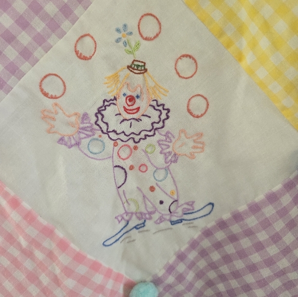vintage baby crib quilt blanket hand embroidered nursery Cat, Clown, Rabbits *re - Picture 5 of 13